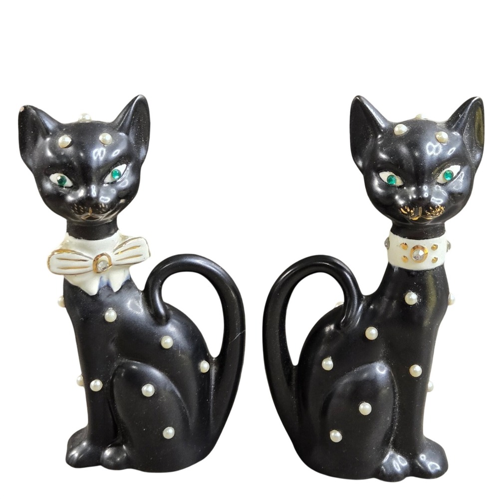 JKM Vintage Ceramic Black Cat Figurine Set Small Black Pearl Rhinestone Eye MCM